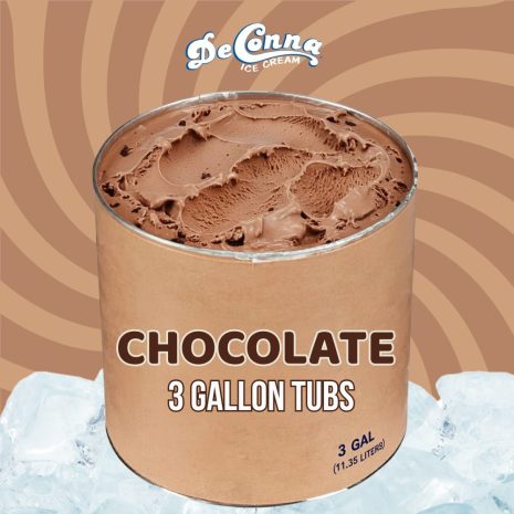 Chocolate 3 Gallon Ice Cream Tub – DeConna DeConna chocolate ice cream, rich and velvety, packed in a 3 gallon bulk tub on ice