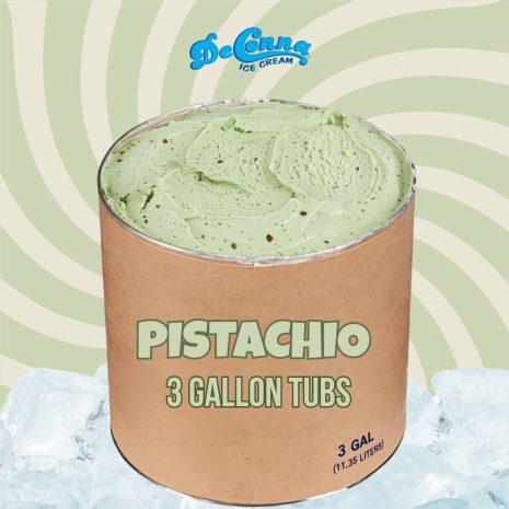 Pistachio ice cream 3 gallon tub from DeConna Ice Cream on ice