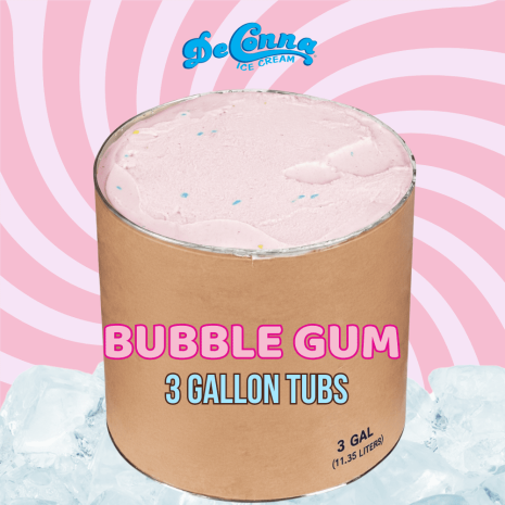 Bubble-Gum-Ice-Cream-3-Gallon-Tub Pink Bubble Gum ice cream in a 3 gallon DeConna tub with creamy pastel pink base and subtle candy specks.