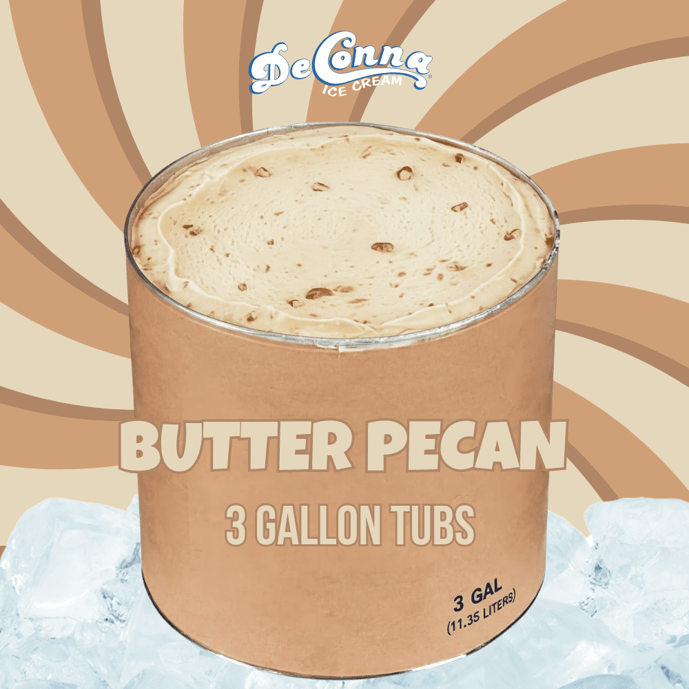 Butter Pecan ice cream in a 3 gallon DeConna tub with creamy golden base and toasted pecan pieces.