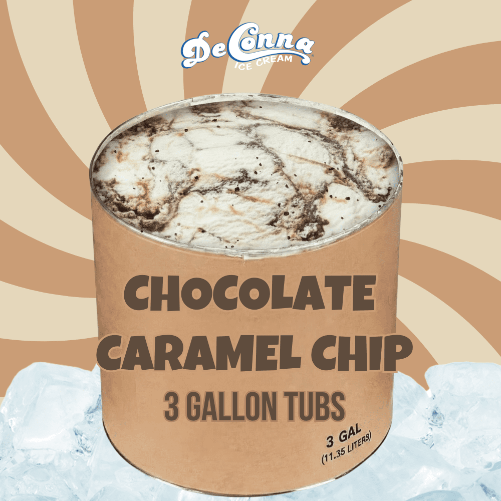 Chocolate-Caramel-Chip-Ice-Cream-3-Gallon-Tub - DeConna Ice Cream Chocolate Caramel ice cream in a 3 gallon DeConna tub with smooth chocolate base and soft caramel swirls.