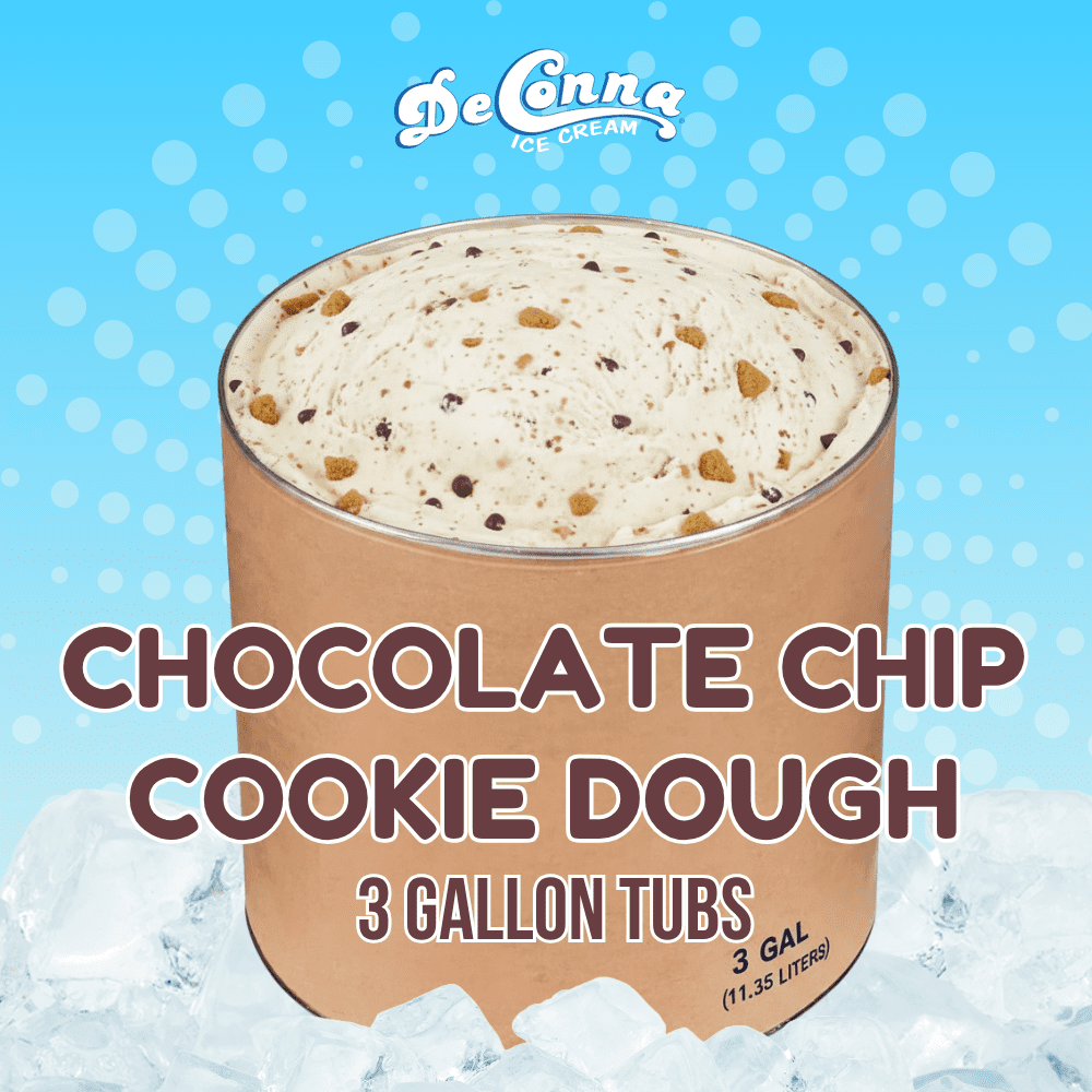Chocolate Chip Cookie Dough ice cream in a 3 gallon DeConna tub with creamy beige base and tiny chocolate chips and cookie dough pieces.