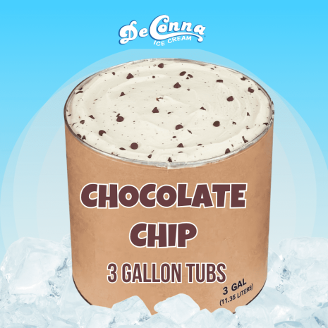 Chocolate Chip ice cream in a 3 gallon DeConna tub with creamy vanilla base and evenly scattered chocolate chips.