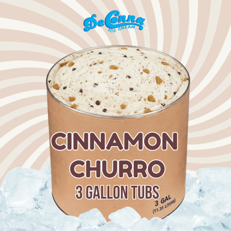 Cinnamon Churro ice cream in a 3 gallon DeConna tub with creamy cinnamon-brown color and faint cinnamon-sugar swirl.
