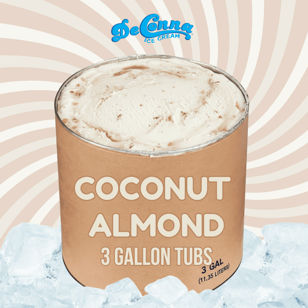 Coconut Almond-Ice-Cream-3-Gallon-Tub - DeConna Ice Cream Coconut Almond Delight ice cream in a 3 gallon DeConna tub with creamy off-white base, light chocolate swirls, and tiny almond pieces.