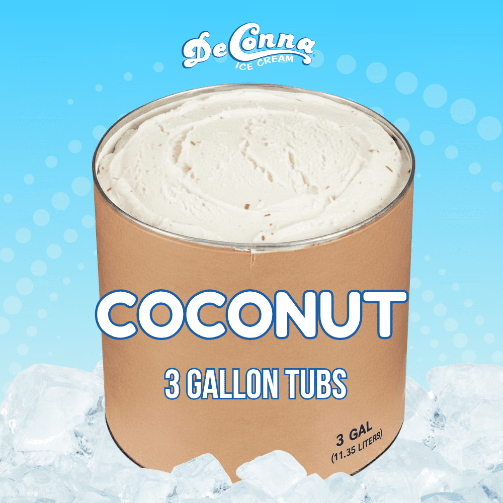Coconut-Ice-Cream-3-Gallon-Tub - DeConna Ice Cream Coconut ice cream in a 3 gallon DeConna tub with smooth white base and tiny coconut flakes.