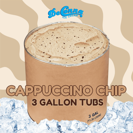 cappuccino chip Ice-Cream-3-Gallon-Tub Cappuccino Chip ice cream in a 3 gallon DeConna tub with creamy coffee-colored base and tiny chocolate flakes.