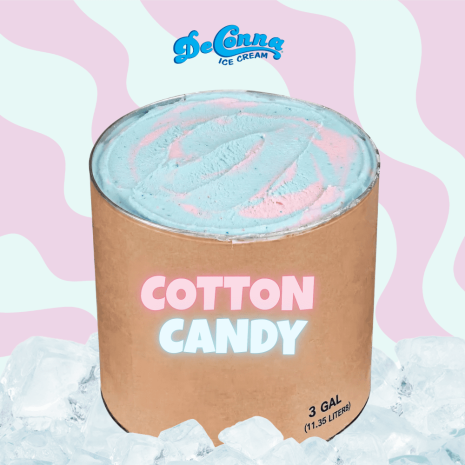 Cotton Candy ice cream in a 3 gallon DeConna tub with pastel blue base and soft pink marbling.
