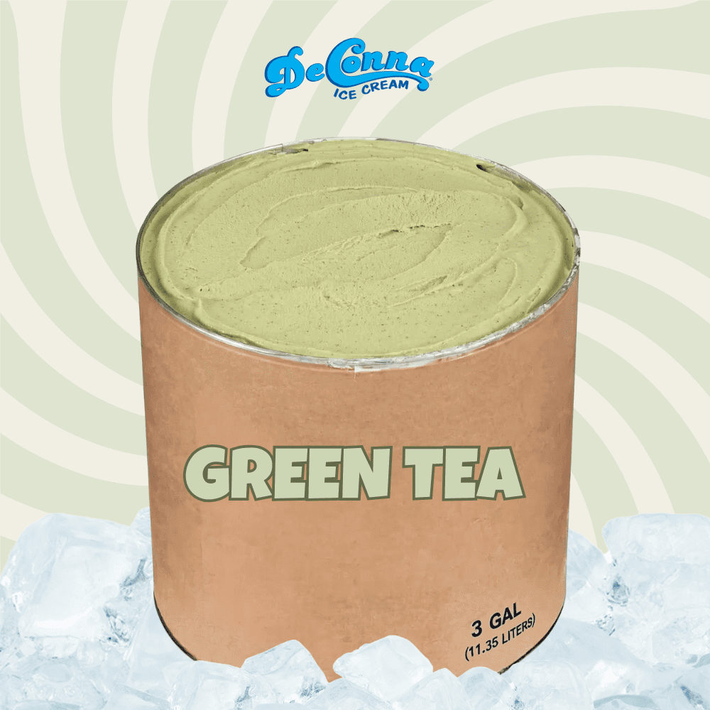 Green Tea ice cream in a 3 gallon DeConna tub with creamy light-green color and subtle tea speckling.