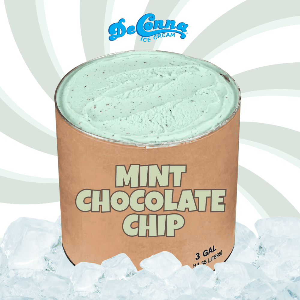 Mint Chocolate Chip ice cream in a 3 gallon DeConna tub with pale mint-green base and tiny chocolate flakes.