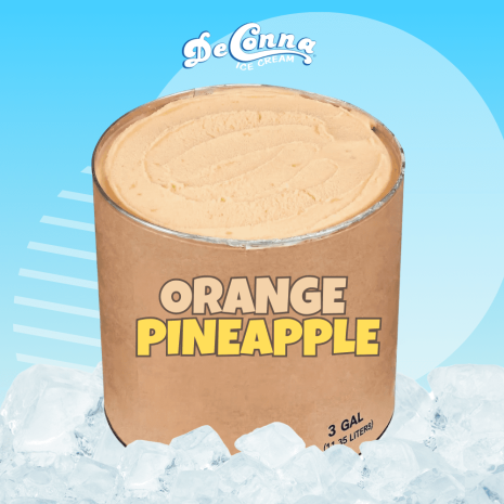 Orange Pineapple Ice Cream 3 Gallon Tub | DeConna Orange Pineapple ice cream in a 3 gallon DeConna tub with creamy orange base and tiny pineapple bits.