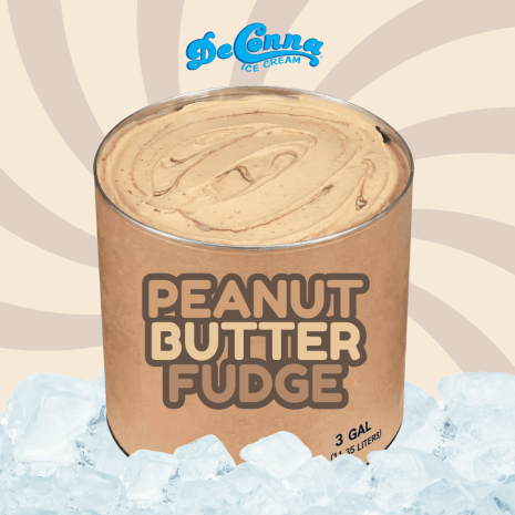 Peanut Butter Fudge ice cream in a 3 gallon DeConna tub with peanut butter base and dark chocolate fudge ribbons.