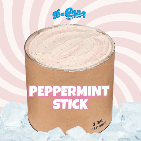 Peppermint Stick ice cream in a 3 gallon DeConna tub with creamy base, soft peppermint swirls, and tiny candy flecks.