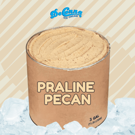 Praline Pecan ice cream in a 3 gallon DeConna tub with creamy caramel base and tiny praline pecan pieces.