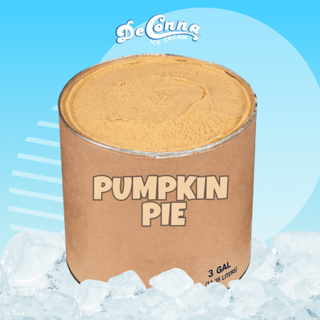 Pumpkin Pie ice cream in a 3 gallon DeConna tub with creamy pumpkin-orange base and tiny spice flecks.