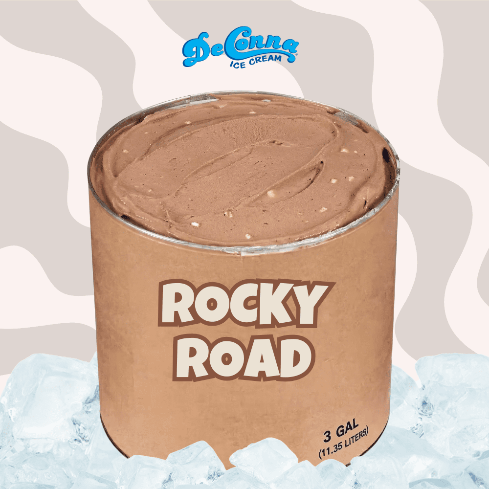 Rocky Road ice cream in a 3 gallon DeConna tub with chocolate base, tiny marshmallows, and nuts.