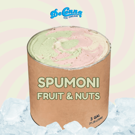 Spumoni with Fruit & Nuts Ice Cream 3 Gallon Tub | DeConna Spumoni ice cream in a 3 gallon DeConna tub with cherry base, pistachio and chocolate tones, and tiny fruit and nut pieces.