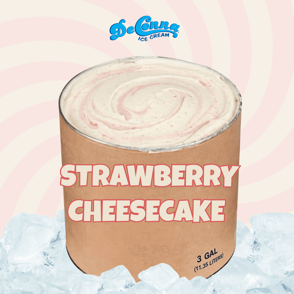 Strawberry Cheesecake ice cream in a 3 gallon DeConna tub with cheesecake base, strawberry swirl, and tiny graham-style crumbs.
