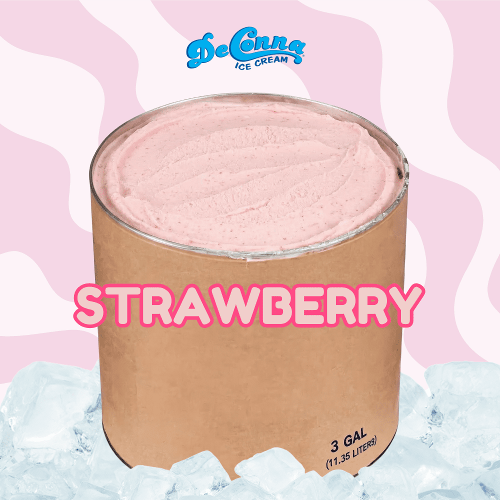 Strawberry ice cream in a 3 gallon DeConna tub with a soft pink base and tiny strawberry pieces.