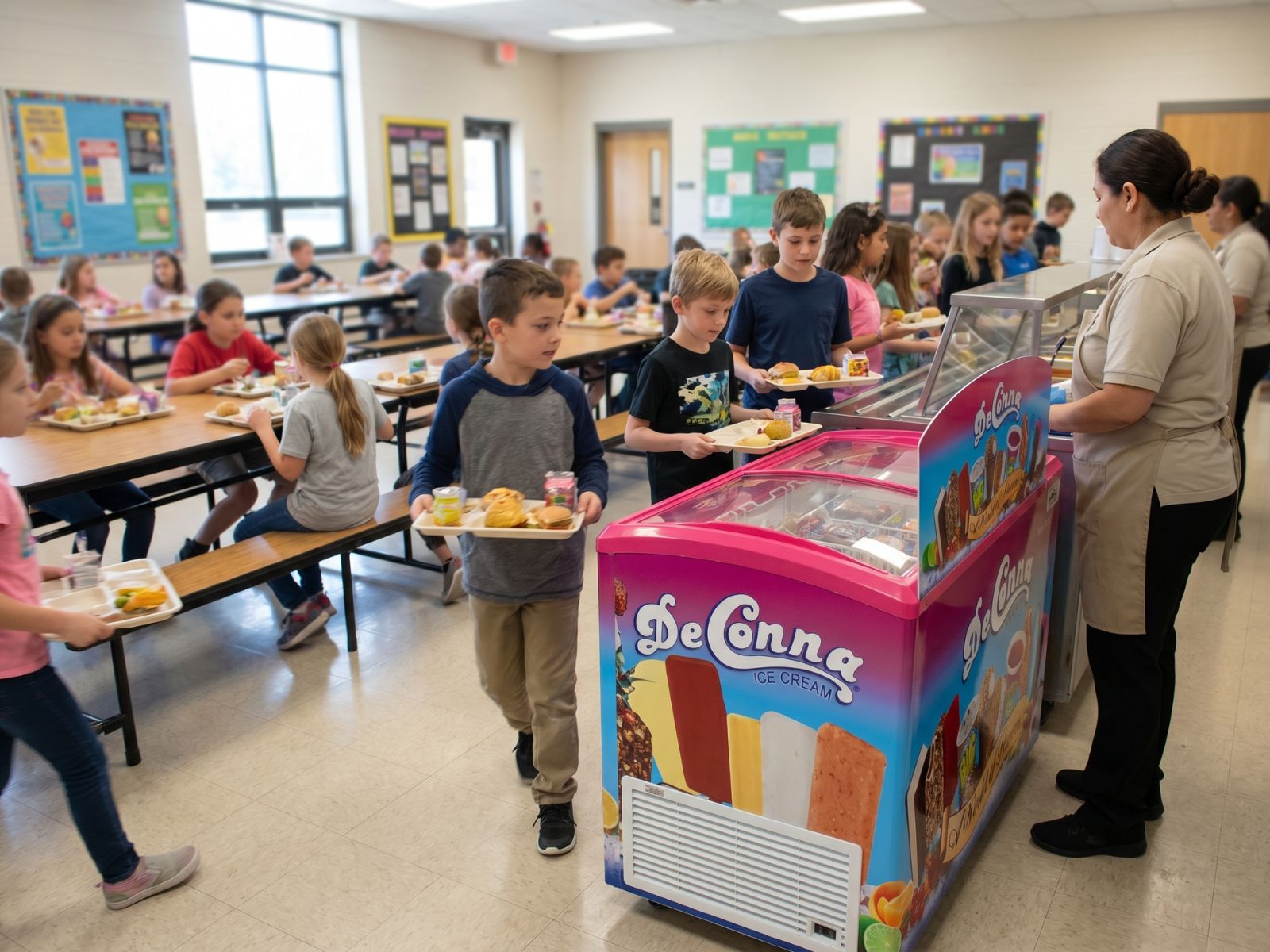 School Cafeteria Ice Cream Freezer Line - DeConna Ice Cream Children line up in a school cafeteria to get ice cream from a colorful ice cream cart attended by a staff member.