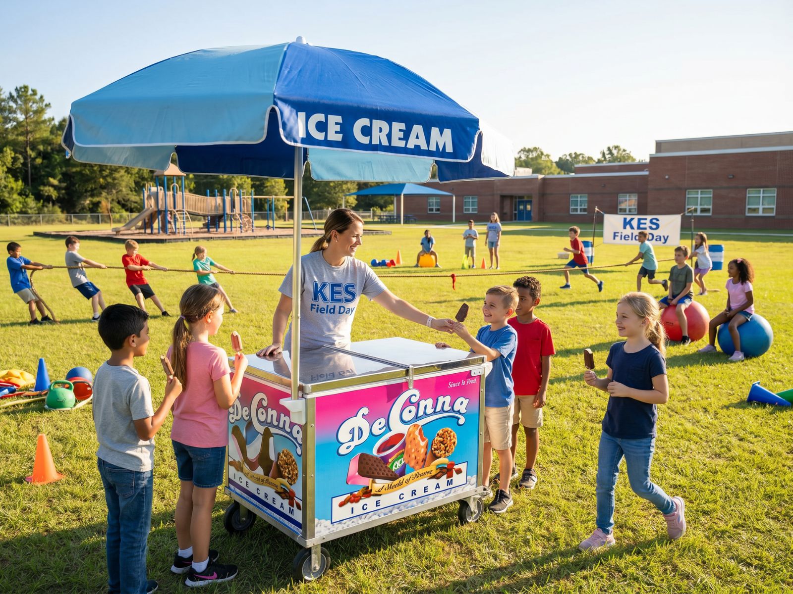 School Field Day Ice Cream Cart - DeConna Ice Cream Children line up for ice cream from a colorful cart under a blue canopy at a sunny school field day territory outside a brick building with a banner in the background.