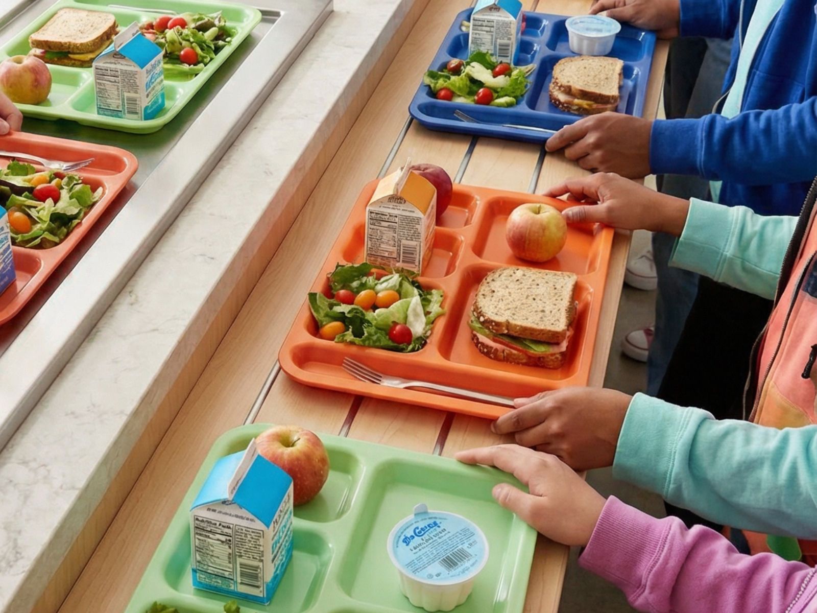 School Lunch Trays with Ice Cream Cup - DeConna Ice Cream Students in a school cafeteria line with colorful trays holding sandwiches, salads, milk, and fruit.