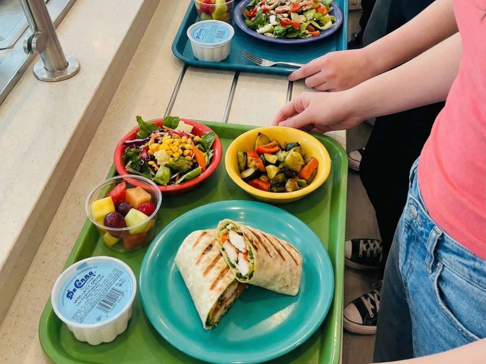 Cafeteria tray with a grilled wrap on a turquoise plate, two bowls of vegetables, a fruit cup, and a yogurt cup on the side.