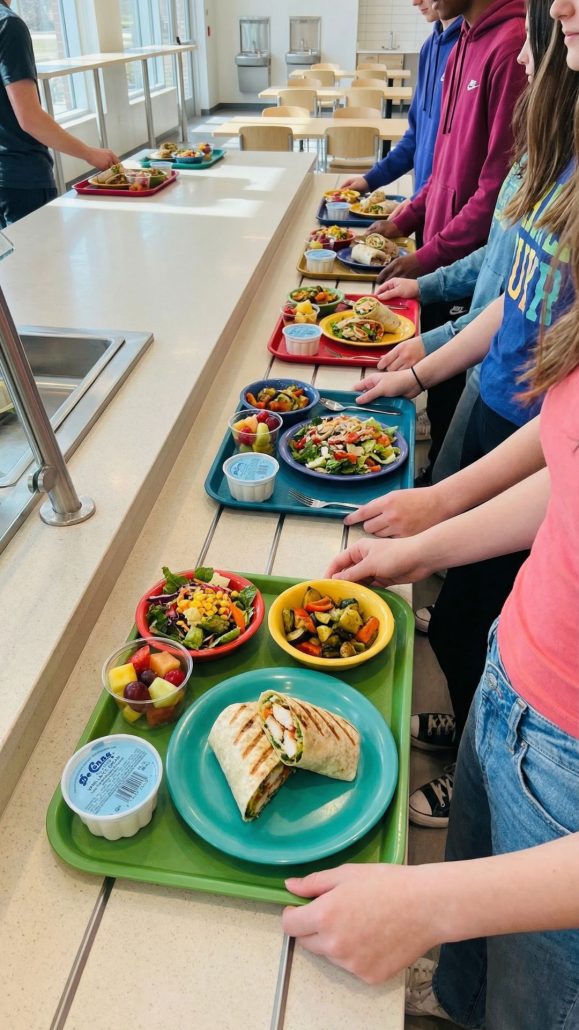 Vanilla Ice Cream Cups At School - DeConna Ice Cream Students in a school cafeteria line with colorful trays of lunch, including a wrap, salads, fruit cups, and yogurt.