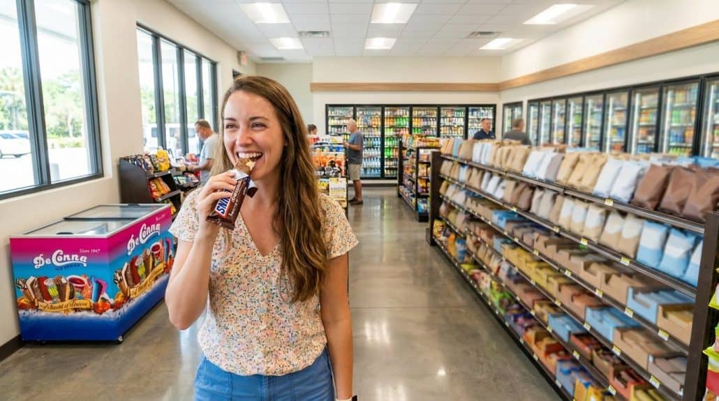 Woman enjoying a Snickers ice cream bar next to a DeConna freezer in a modern Florida convenience store