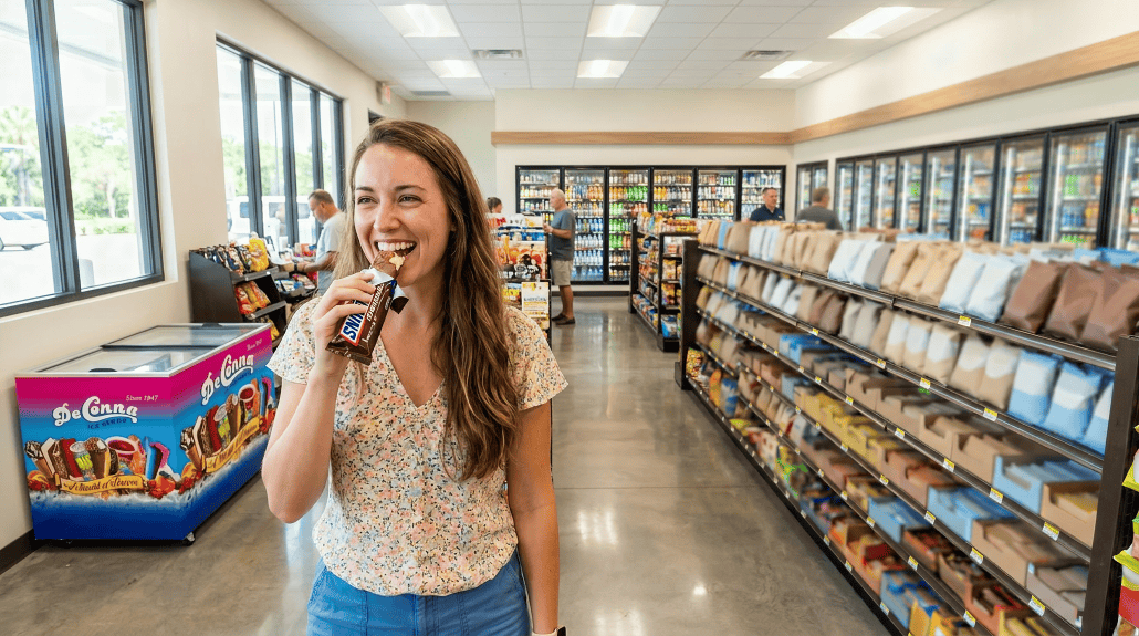 Woman enjoying a Snickers ice cream bar next to a DeConna freezer in a modern Florida convenience store