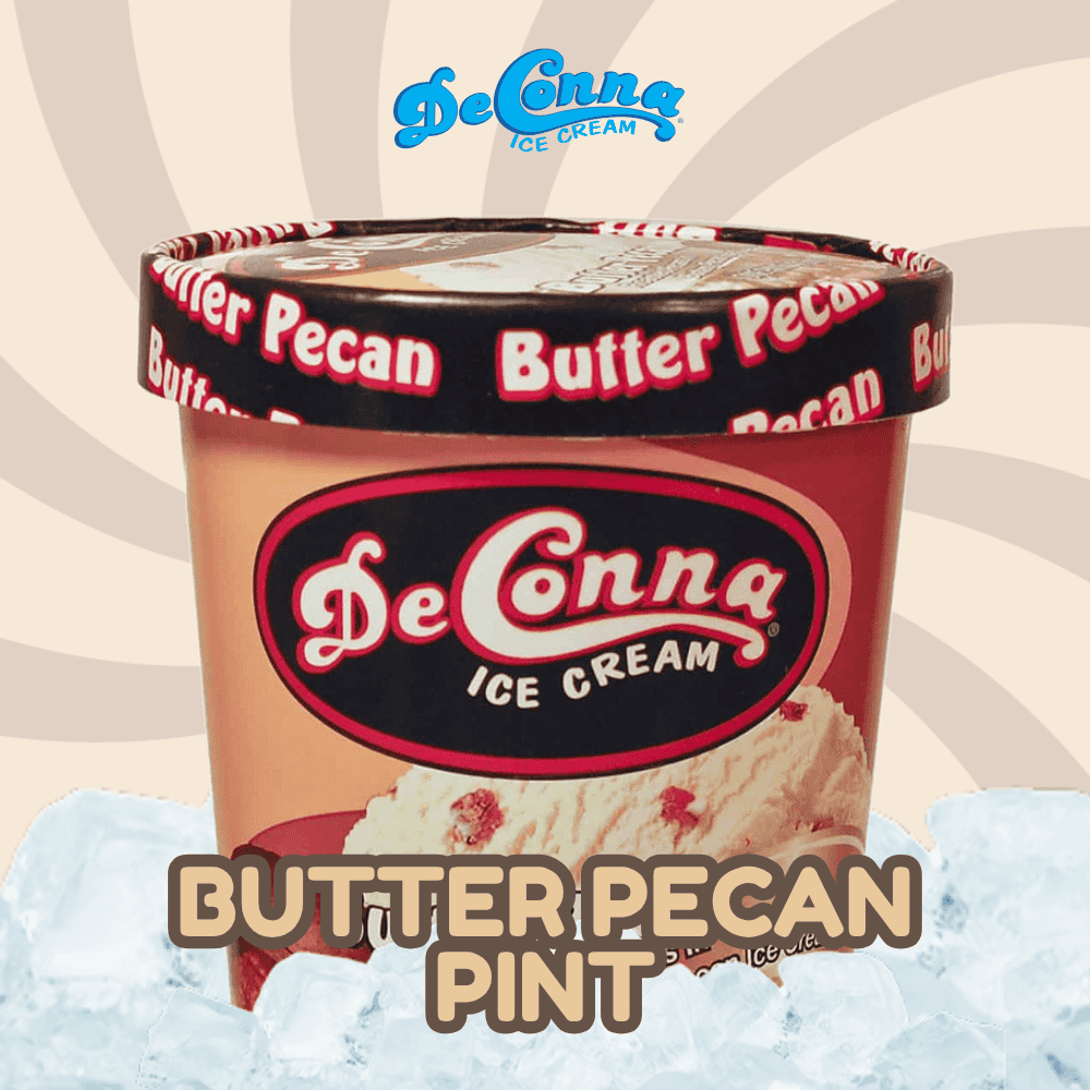DeConna Butter Pecan pint ice cream tub on a bed of ice cubes with a retro swirl background and the brand logo visible on the tub lid.