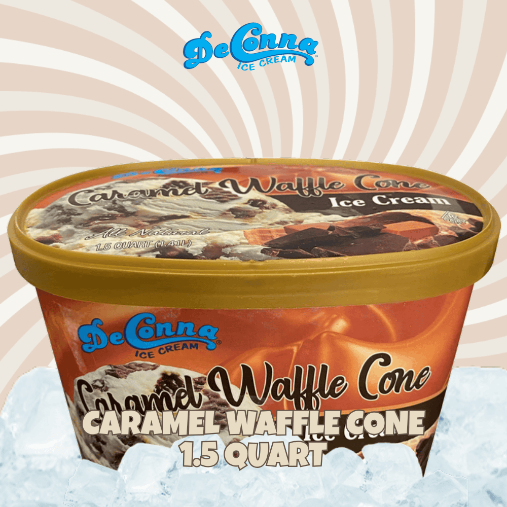 Caramel Waffle Cone ice cream tub labeled DeConna, 1.5 quart, with ice cubes and a swirled beige background.