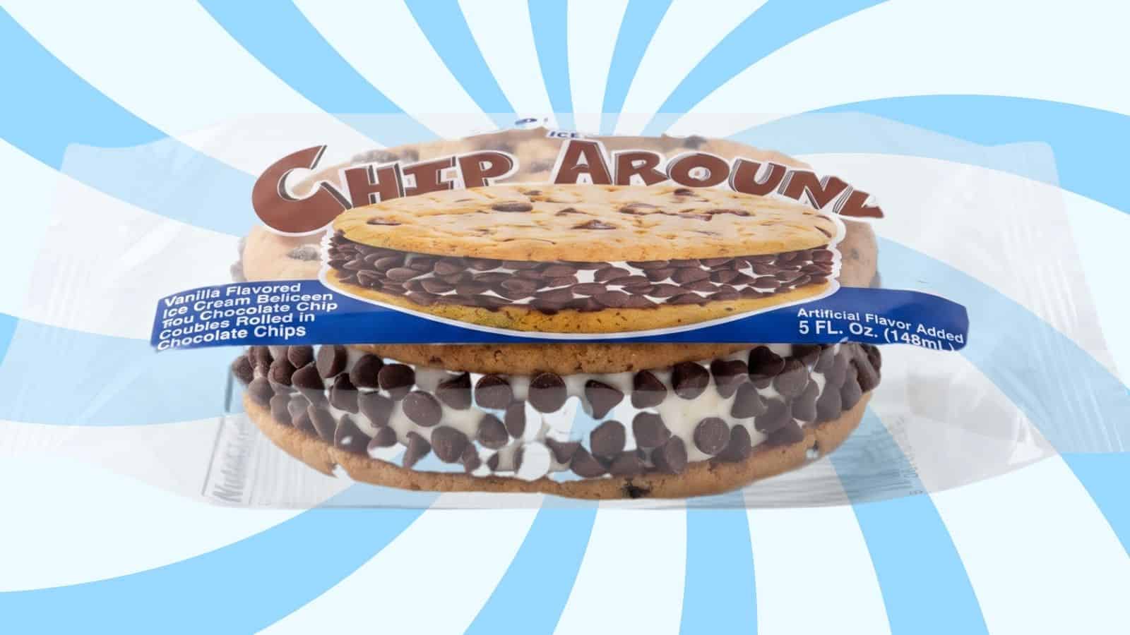 A chocolate‑chip cookie sandwich with vanilla ice cream and chocolate chips, labeled'Cheep Around' against a blue swirl background.