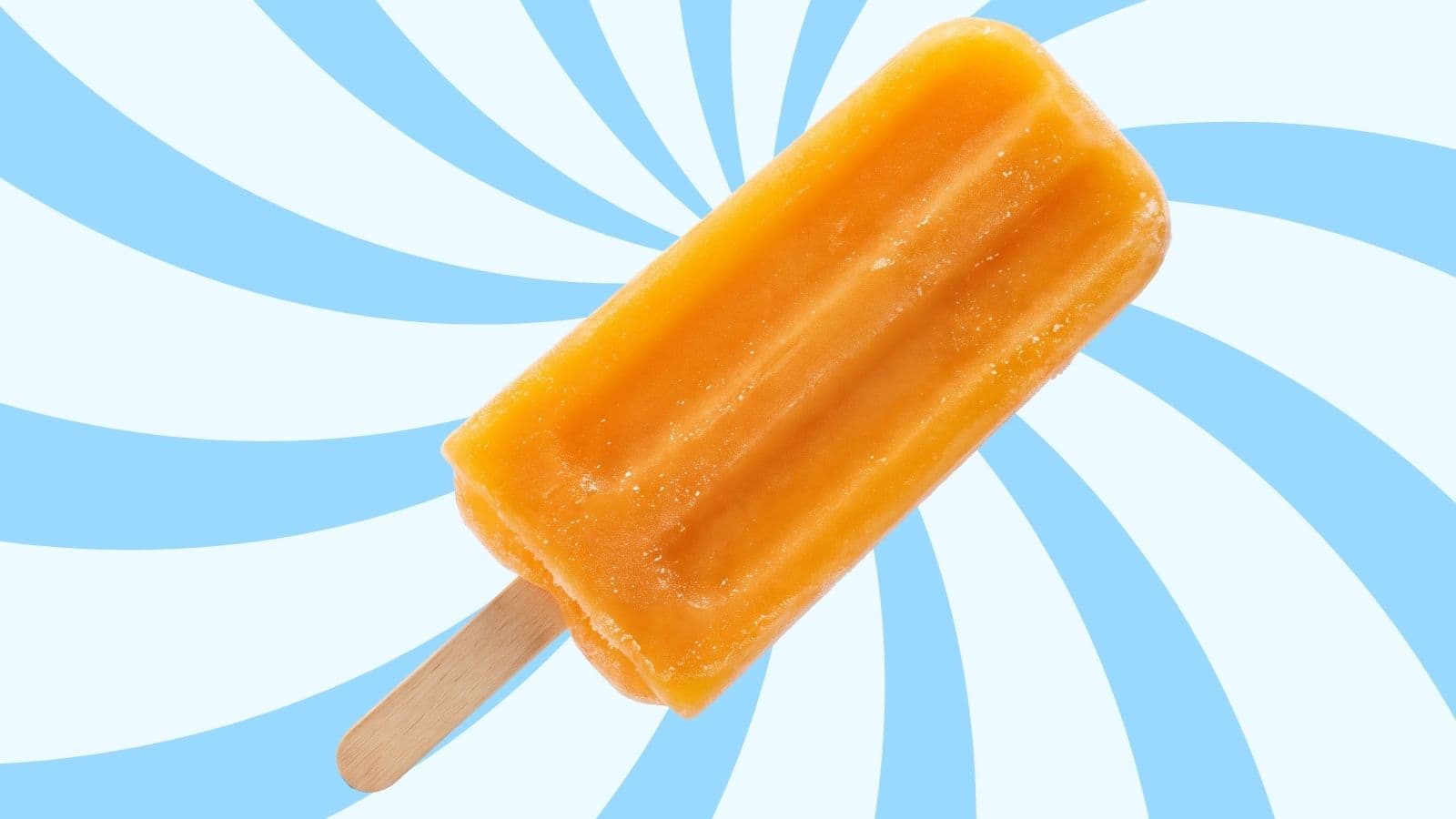 Orange frozen popsicle on a wooden stick with a bright blue spiral background.