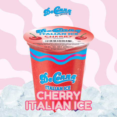 Cherry-Italian-Ice-Cup-DeConna DeConna Cherry Italian Ice cup: red container with blue logo, pink CHERRY ITALIAN ICE text, cherry graphics on the lid, icy background.