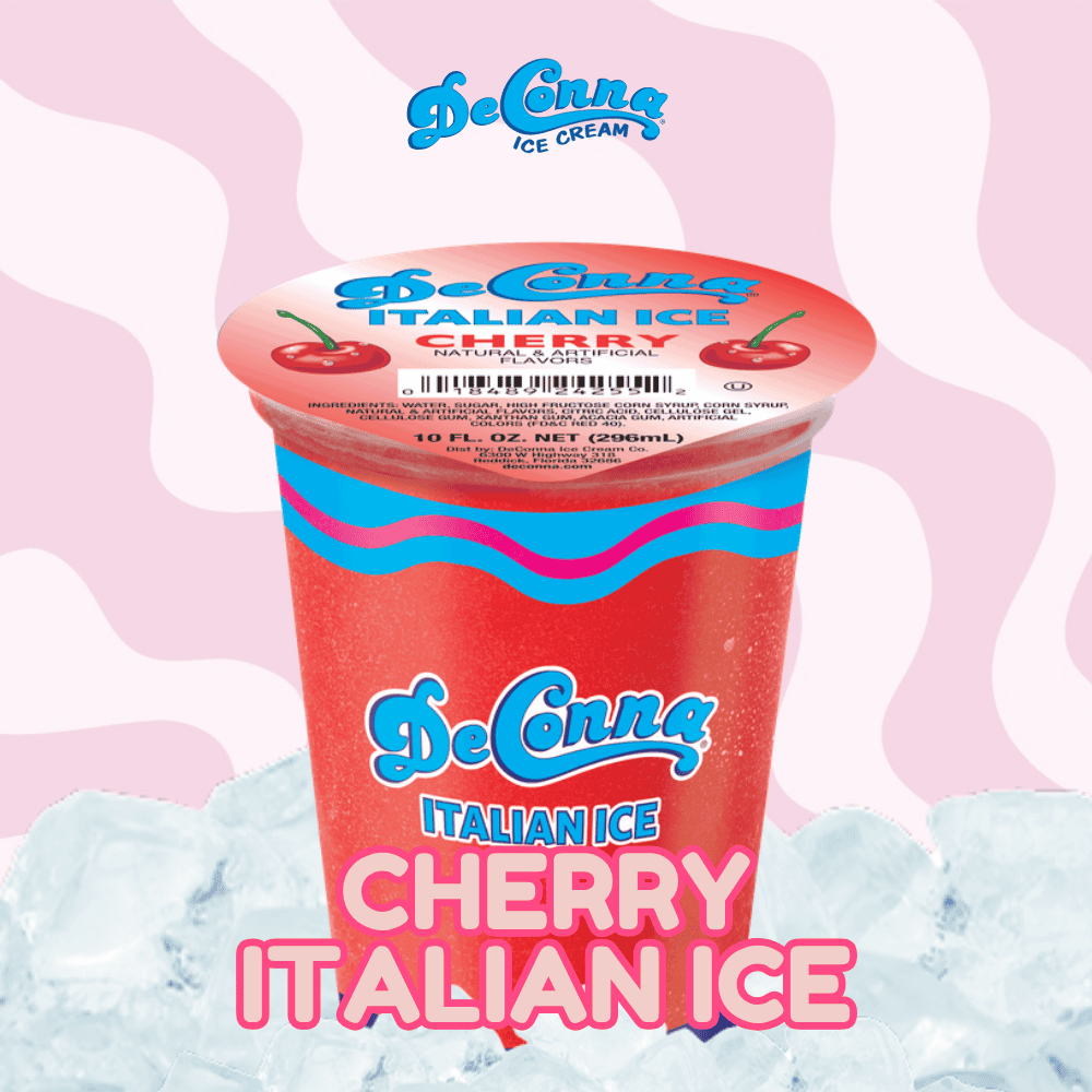 DeConna Cherry Italian Ice cup: red container with blue logo, pink CHERRY ITALIAN ICE text, cherry graphics on the lid, icy background.