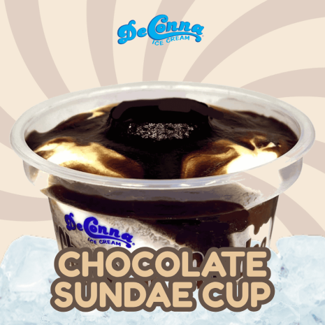 Ice-cream sundae in a clear plastic cup with chocolate topping, featuring GeConna Ice Cream branding and the bold title 'CHOCOLATE SUNDAE CUP' across the bottom.