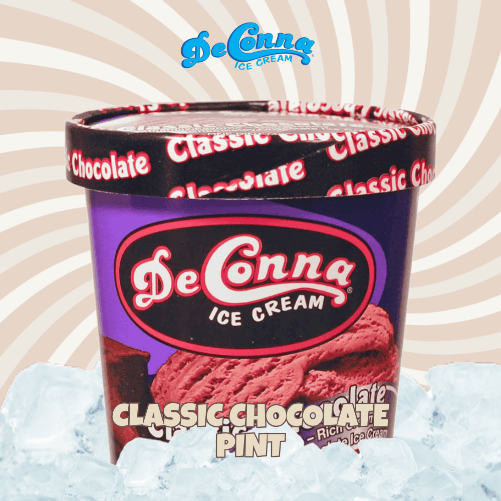 DeConna Ice Cream pint with Classic Chocolate flavor label visible.