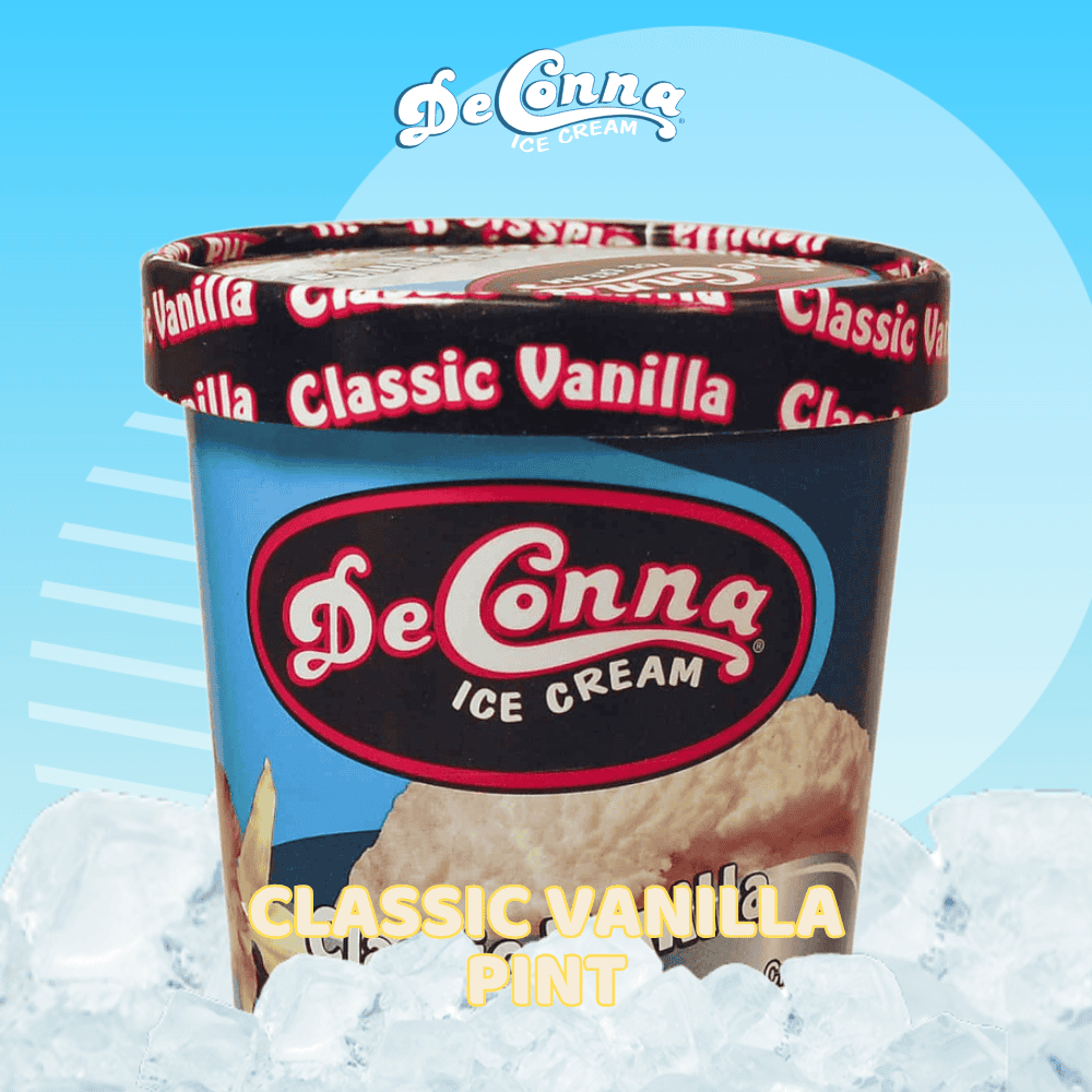 DeConna Classic Vanilla ice cream pint against a icy blue background with ice chunks in the foreground.