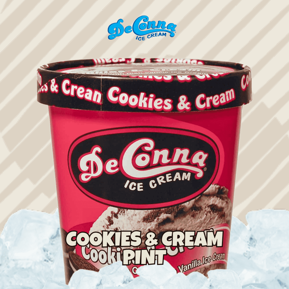 DeConna Cookies & Cream ice cream pint with pink tub and bold logo on a striped beige background.