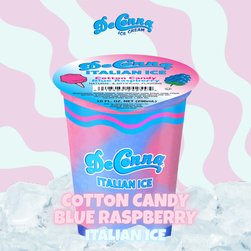 DeAnna Italian Ice cotton candy blue raspberry cup against a pastel pink and blue background with ice at the base.