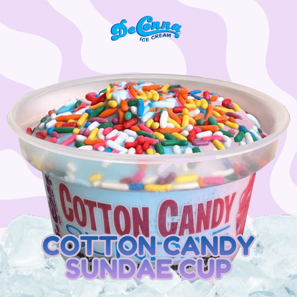 Cotton-Candy-Sundae-Cup-DeConna - DeConna Ice Cream Cup labeled 'Cotton Candy' filled with rainbow sprinkles on a cotton candy sundae, set against a pastel lavender background. It also shows the phrase 'Cotton Candy Sundae Cup' as a title.