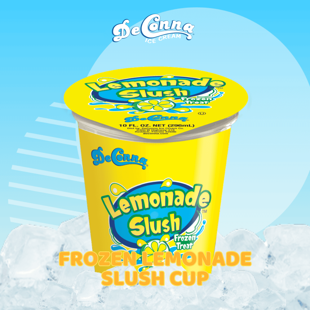 Bright yellow lemonade slush cup with a blue logo, set against an icy blue background and crushed ice at the base (GeConna Ice Cream branding).