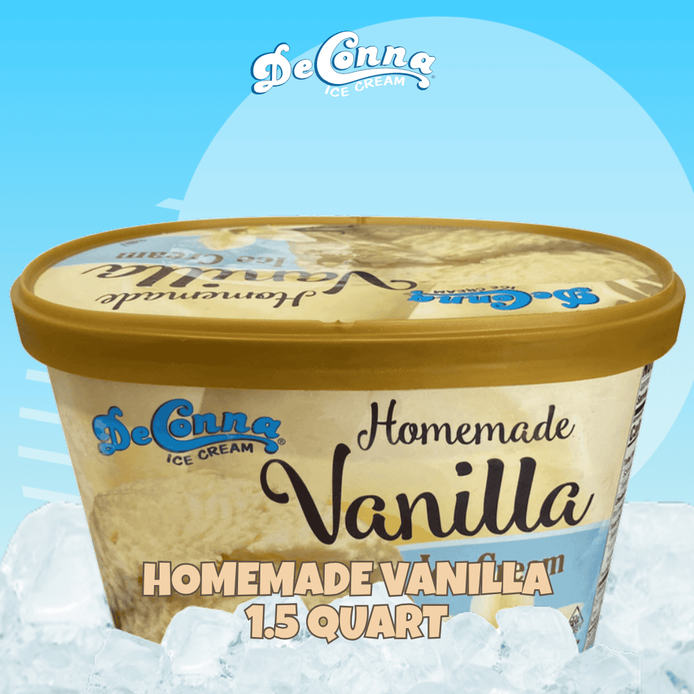 Homemade-Vanilla-Ice-Cream-15-Quart-DeConna - DeConna Ice Cream Vanilla ice cream tub labeled 'Homemade Vanilla' 1.5 quart on ice, with a blue background and brand logo visible above.