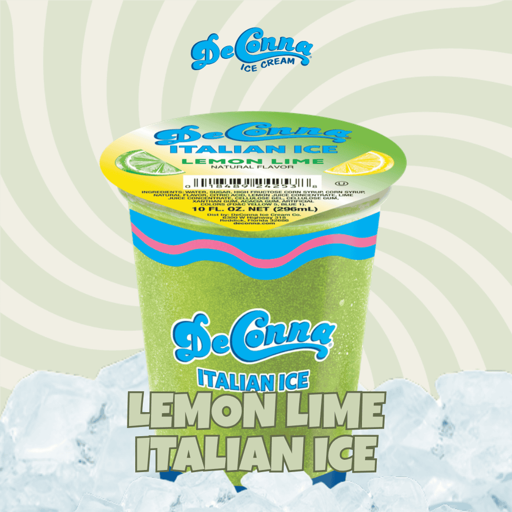 DeConna Italian Ice Lemon Lime cup with lime and lemon graphics on the lid, bright background.