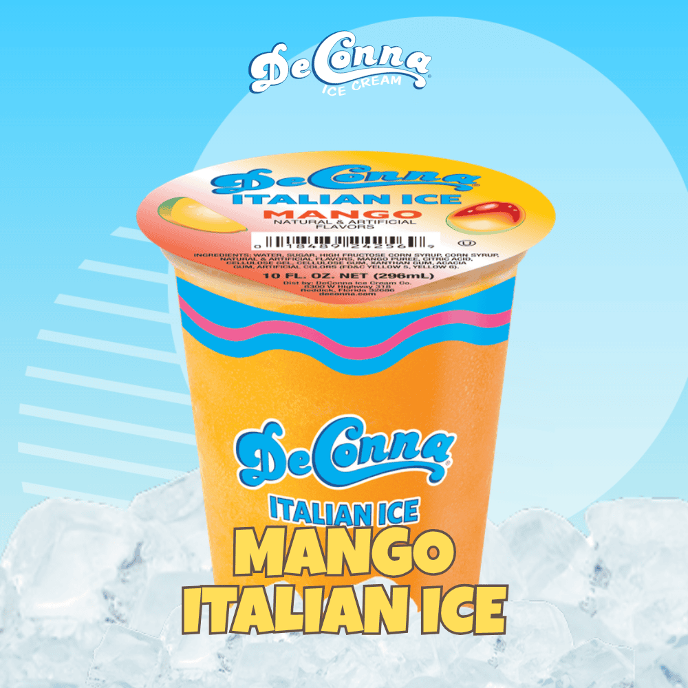 Bright blue background with a mango Italian ice cup labeled DeConna, surrounded by ice cubes.