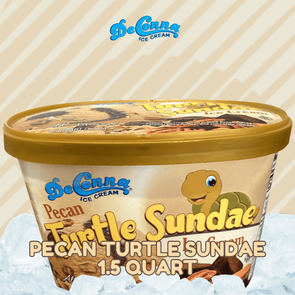 Pecan-Turtle-Sundae-Ice-Cream-15-Quart-DeConna - DeConna Ice Cream Pecan Turtle Sundae ice cream tub with a cartoon turtle and bold flavor text, 1.5 quart size, on a striped background.
