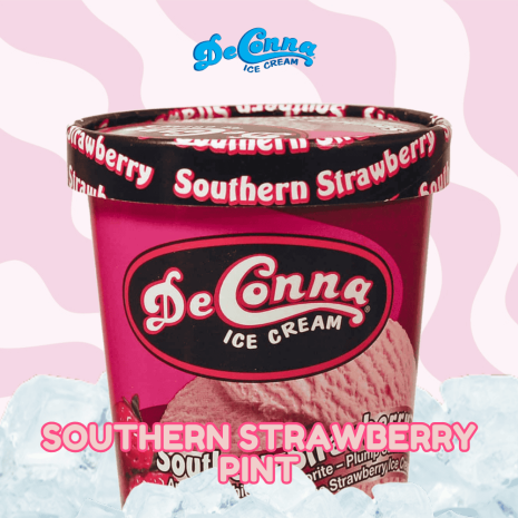 Southern-Strawberry-Ice-Cream-Pint-DeConna DeConna ice cream pint labeled Southern Strawberry, pink packaging with a scoop of strawberry ice cream, set on ice cubes against a pink background.