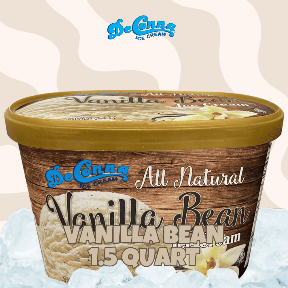 Vanilla-Bean-Ice-Cream-15-Quart-DeConna - DeConna Ice Cream Tub of DeConna All Natural Vanilla Bean ice cream, 1.5 quart, on a bed of ice with a neutral patterned backdrop