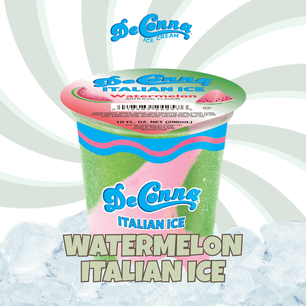 DeConna Italian Ice Watermelon flavor cup on a cool blue-ice background, with big bold 'WATERMELON ITALIAN ICE' text in front and watermelon slice graphic on the lid.